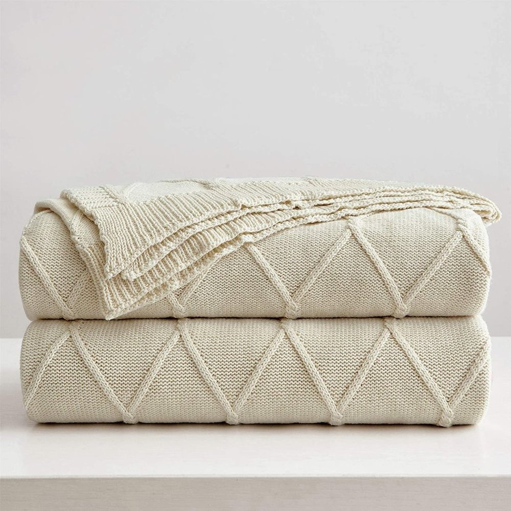 Luxury Cotton Knitted Cable Throw Blanket Cream - Picture 1 of 7